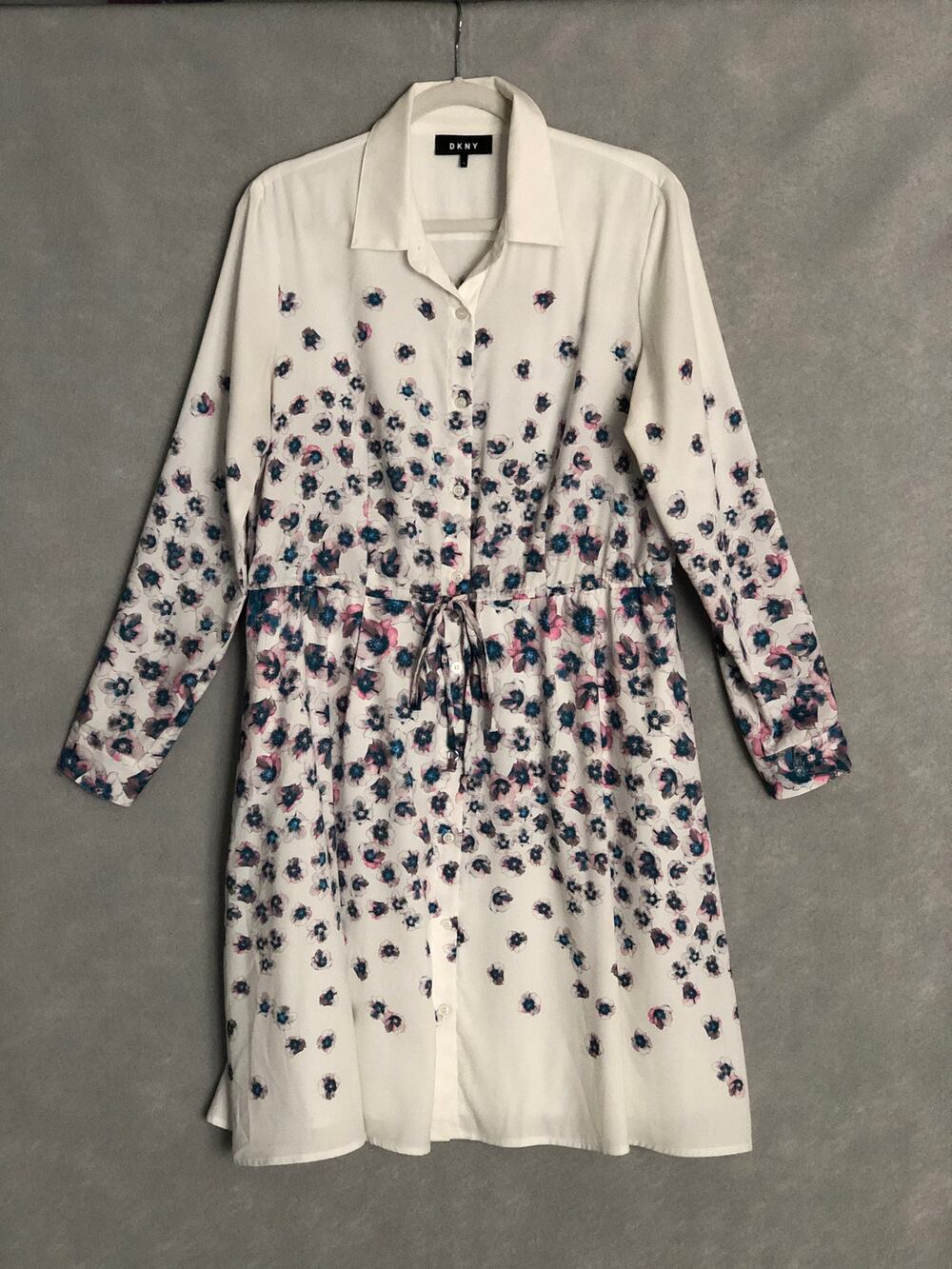 DKNY Floral Midi Dress Long Sleeve Button Front Drawstring Women's Size 8